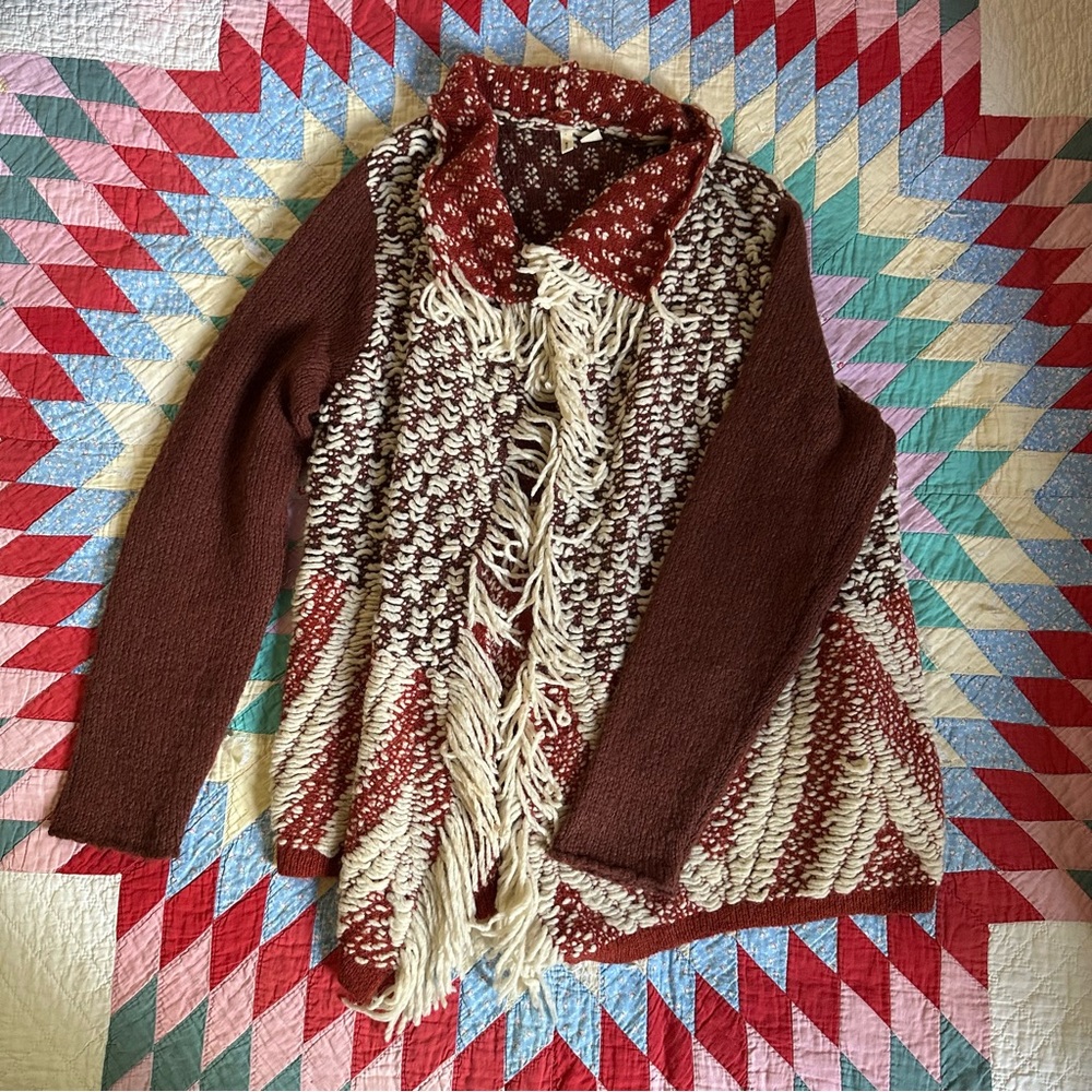 Anthropologie Chunky Burgundy and Cream Sweater with Fringe